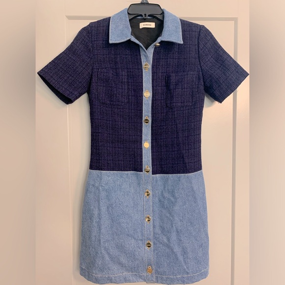 NWT Sandro Brooke Mixed Media Shirt Dress Size US 2 / FR 34 Blue Tweed and Denim - Picture 13 of 16
